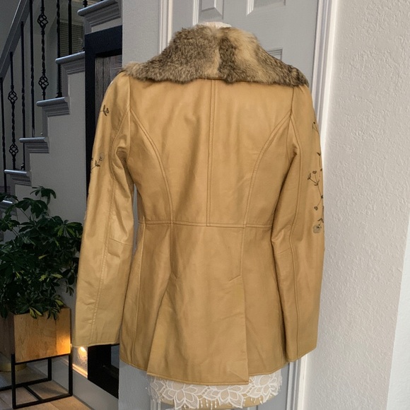 Vintage Arden B | Y2K Penny Lane Tan Leather Coat Fur Collar Embroidered | Sz S - Picture 5 of 13